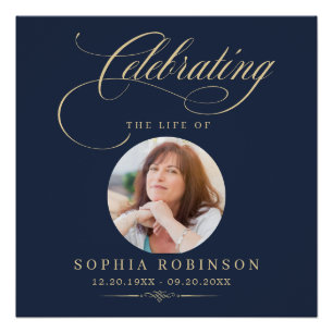Photo Elegant Blue Gold Script Funeral Memorial Poster