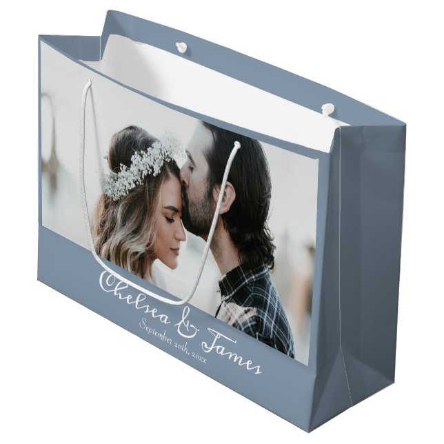 Photo Elegant Dusty Blue White Calligraphy Name  Large Gift Bag (Front Angled)