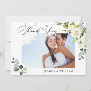 PHOTO Elegant Eucalyptus White Roses Floral Thank You Card
