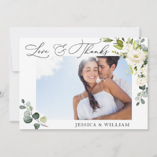 PHOTO Elegant Eucalyptus White Roses Floral Thank You Card