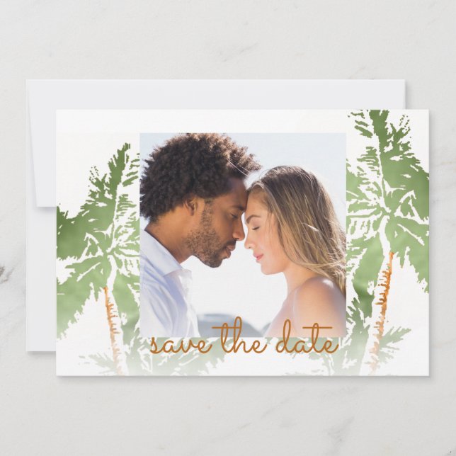 Photo Elegant Green Gold Foil Palm Trees Tropical Save The Date (Front)