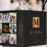 Photo elegant monogram black gold wedding album binder<br><div class="desc">Stylish modern luxury monogrammed initial and signature script family name personalized wedding memories or planning album binder featuring a faux metallic gold copper square with initial letter,  8 custom photos,  wedding rings,  and your text over a black leather like (PRINTED TEXTURE) background.</div>