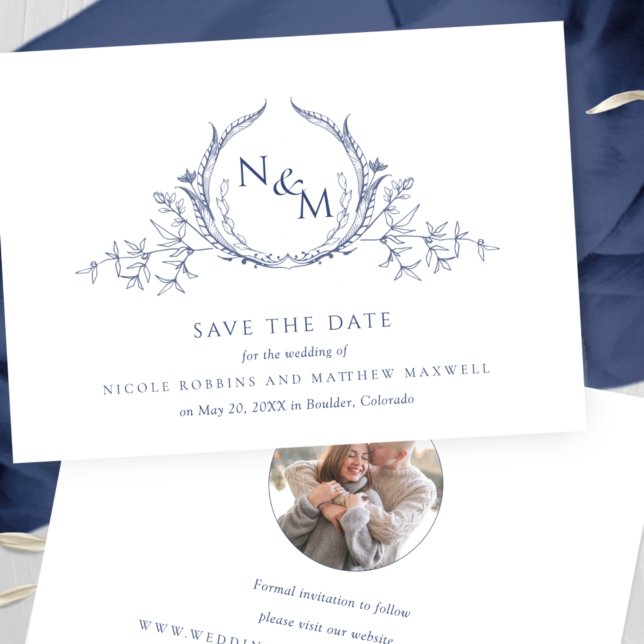 Photo, Elegant Navy Blue Monogram Wedding Save The Date (Creator Uploaded)