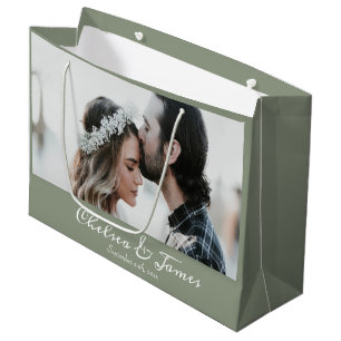 Photo Elegant Sage Green & White Calligraphy Name  Large Gift Bag