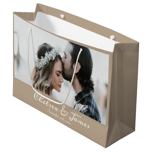 Photo Elegant Taupe and White Calligraphy Name  Large Gift Bag (Front Angled)