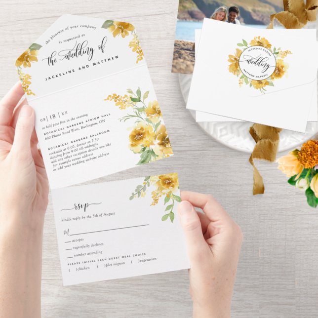 Photo, Elegant Yellow Floral Wedding Tear Off RSVP All In One Invitation (Creator Uploaded)