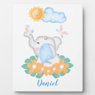 Photo Eléphant Bébé mignon avec fleurs orange Plaque