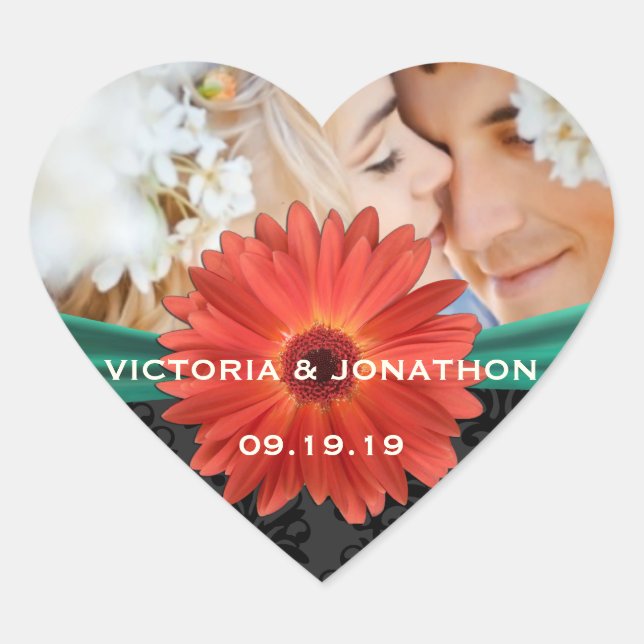 Photo Emerald and Orange Gerber Daisy Wedding Heart Sticker (Front)
