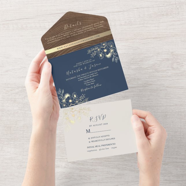 Photo en bois bleu marine Invitation à un mariage  (Déchirure)