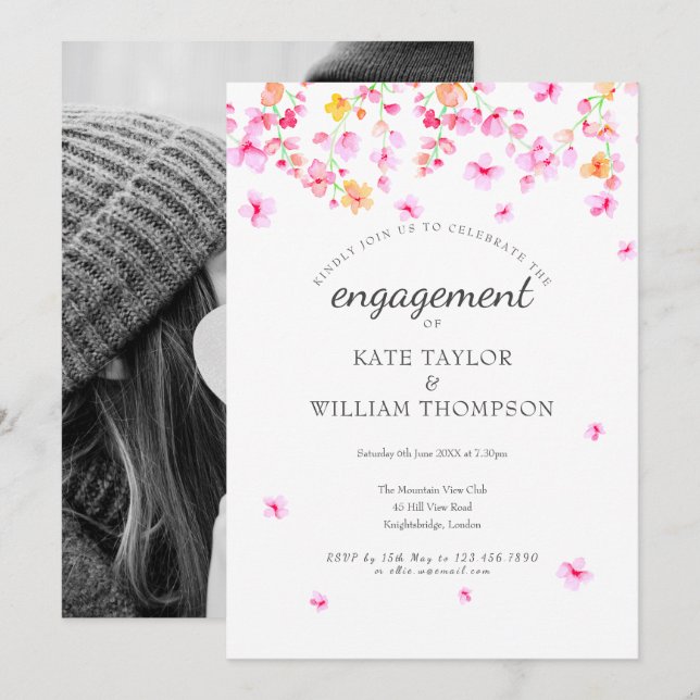 Photo Engagement Elegant Watercolour Blossom Invitation (Front/Back)