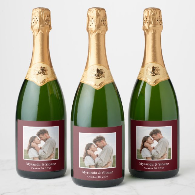 Photo Engagement Party Burgundy Sparkling Wine Label (Bottles)