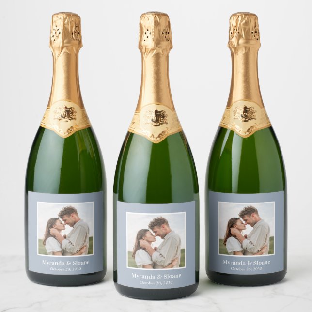 Photo Engagement Party Dusty Blue Sparkling Wine Label (Bottles)