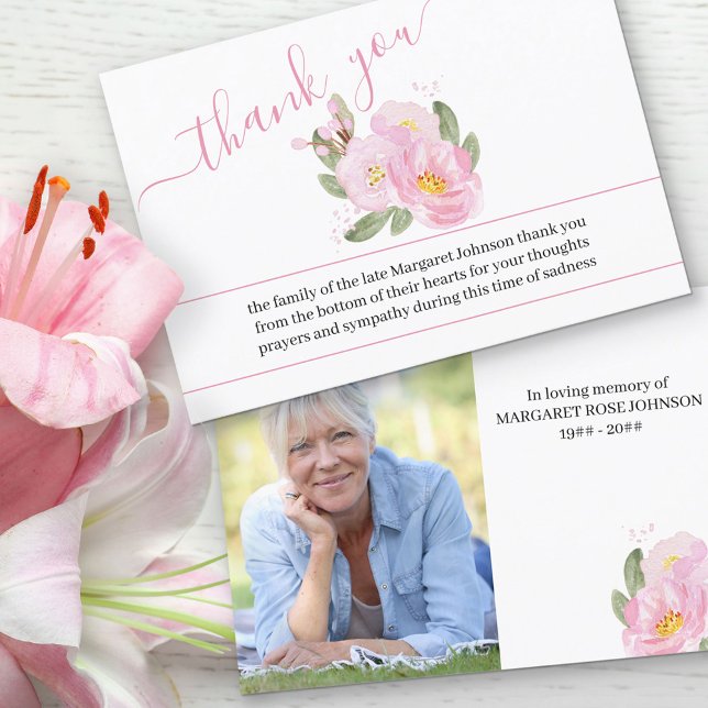 Photo et Fleurs roses Cartes de remerciements funé (Créateur téléchargé)