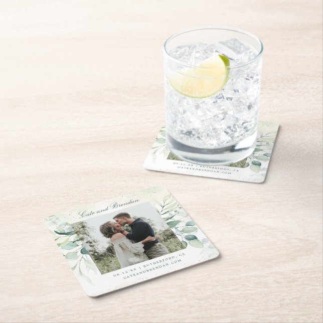 Photo Eucalyptus Rustic Wedding Save the Date Square Paper Coaster (Insitu)