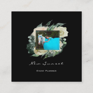 Photo Event Planner Black White Framed Florals Square Business Card