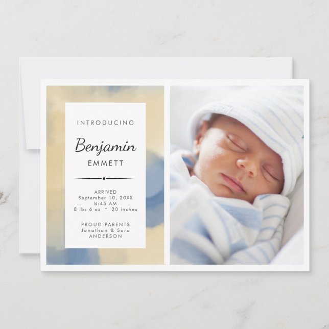 Photo faire-part de naissance bleu aquarelle (Devant)