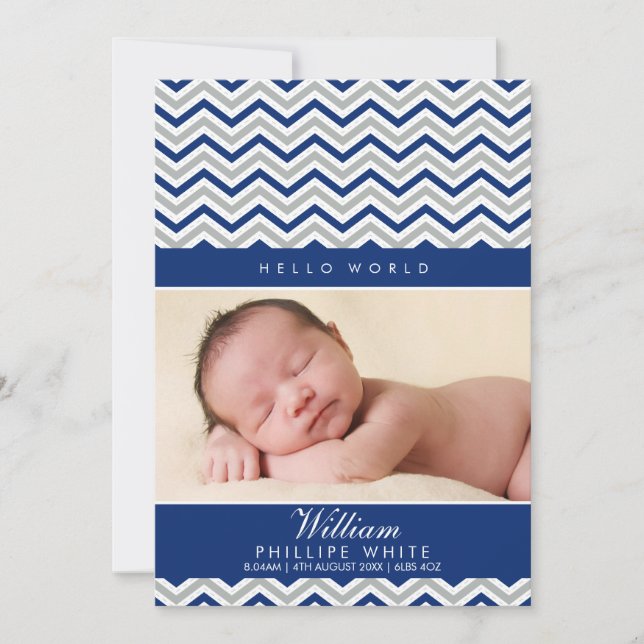 PHOTO FAIRE-PART DE NAISSANCE chevron royal bleu (Devant)