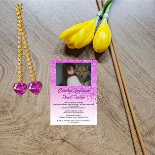 Photo & Falling Pink Glitter Sweet Sixteen Invitation