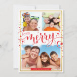 PHOTO FAMILY be merry festive christmas script red Holiday Card<br><div class="desc">Send and extra special message with style and pizzazz this year... Personalized with your details & photos my modern holiday products are sure to stand out from the flurry of greetings your friends and family will receive this season and will make a special memento that will be treasured long after...</div>