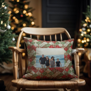 Photo family Christmas patchwork Green Red Throw Pillow