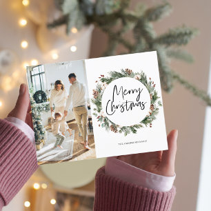  Photo Family   Merry Christmas Pine Wreath Postca Postcard