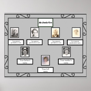 Photo Family Tree Wrought Iron Look Border on Grey Poster