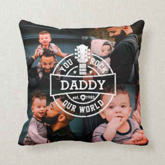 Photo Father's Day You Rock Our World Cool Black Throw Pillow