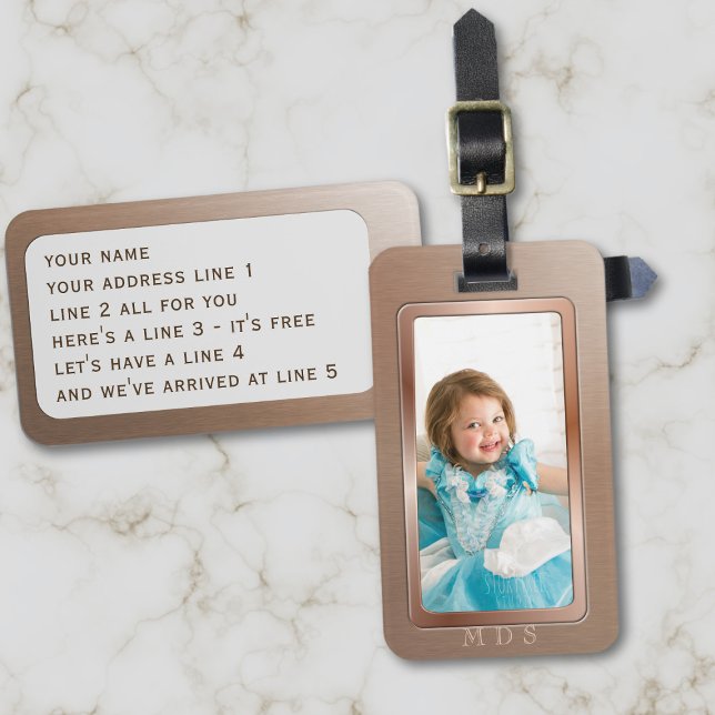 Photo Faux Rose Gold Monogrammed Luggage Tag (A faux rose gold metal luggage tag with space for your photo and address details)