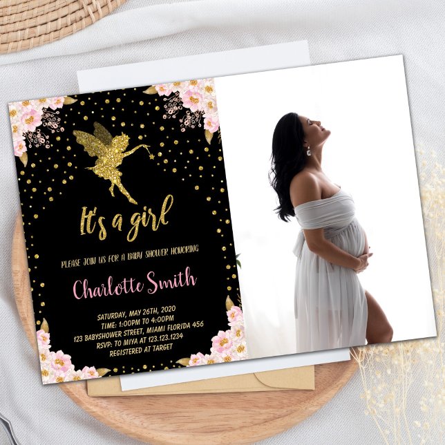 Photo Fée noire Floral Baby Shower Invitations (Photo Black Fairy Floral Baby Shower Invitations)