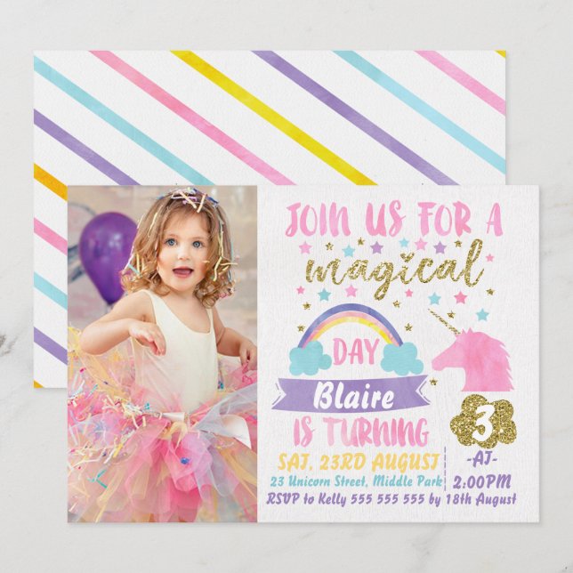 Photo Filles Aquarelle Unicorne Invitation Anniver (Devant / Derrière)