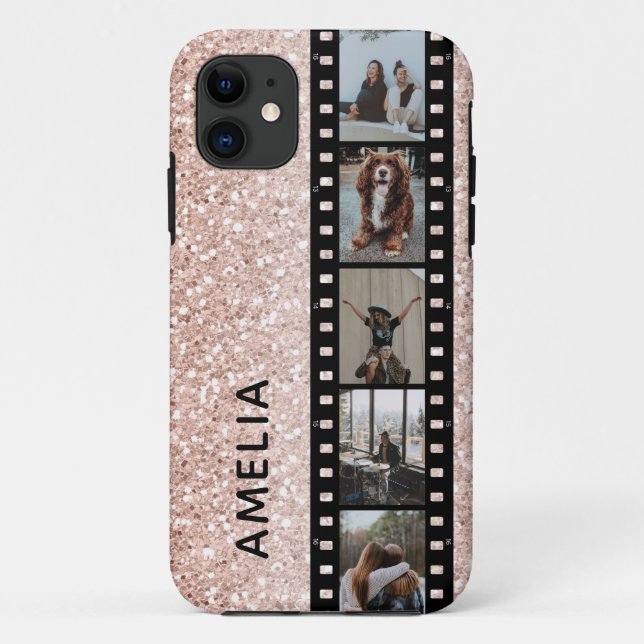 Photo Film Strip Faux Pink Glitter Personalized Case-Mate iPhone Case (Back)