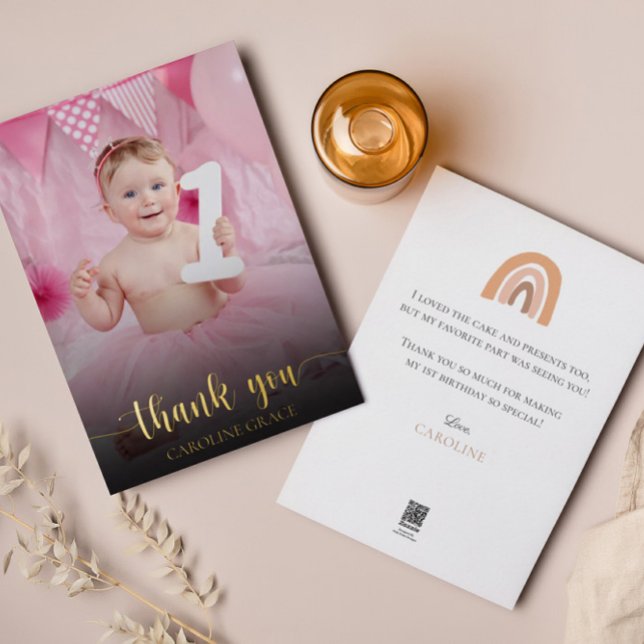 Photo First Birthday Boho Rainbow Thank You Card (Creator Uploaded)