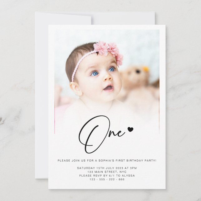 Photo First Birthday One Heart Cute Lovely  Invitation (Front)