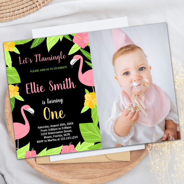 Photo First Black Green Flamingo Birthday Invitation (Photo First Black Green Flamingo Birthday Invitation)
