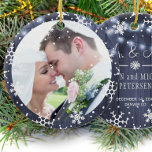 Photo First Christmas as Mr and Mrs rustic winter Ceramic Ornament<br><div class="desc">First Christmas Mr and Mrs elegant personalized keepsake photo personalized tree ornament featuring snowflakes and lights on a dark navy blue barn wood background.             A pretty keepsake gift for newlyweds.</div>