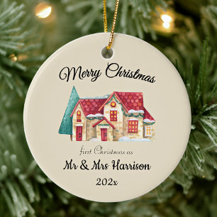 Photo First Christmas As Mr & Mrs Newlyweds Round Ceramic Ornament