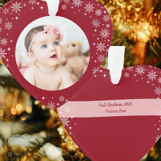 Photo First Christmas Baby Girl Neige Coeur rouge (Elegant Cute Modern My First Christmas Baby Personalized Name Year 1 Photo Snowflakes Heart-Shaped)
