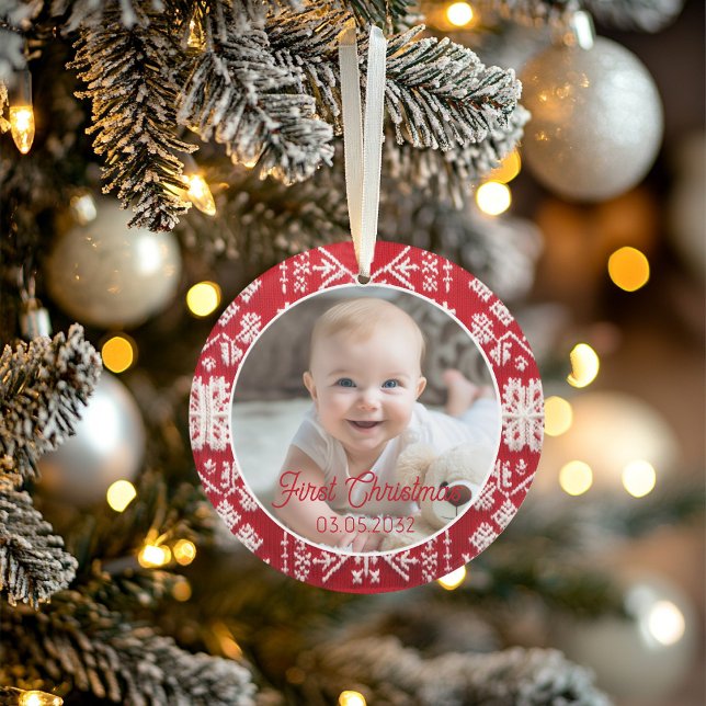 Photo First Christmas Classic Rustic Motif (Cute Baby's First Christmas holiday photo ornament features a rustic pattern in classic, traditional)