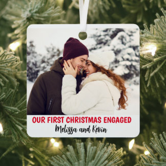 Photo First Christmas Engaged Minimal Xmas Custom Metal Ornament