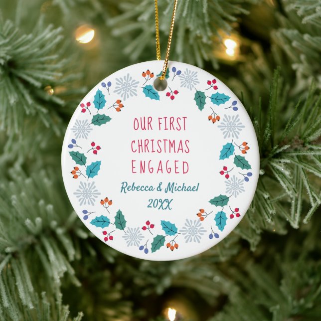 Photo First Christmas Engaged Winter Woodland Ceramic Ornament (Tree)