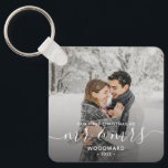 Photo First Christmas Married White Script Keychain<br><div class="desc">Commemorate the first Christmas of your marriage with this keepsake photo keychain. The white text reads "Our first Christmas as Mr & Mrs, " with the words "Mr & Mrs" in elegant handwriting script with flourishes before and after. Replace the sample image with your favourite photo, and add your last...</div>