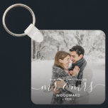 Photo First Christmas Married White Script Keychain<br><div class="desc">Commemorate the first Christmas of your marriage with this keepsake photo keychain. The white text reads "Our first Christmas as Mr & Mrs, " with the words "Mr & Mrs" in elegant handwriting script with flourishes before and after. Replace the sample image with your favourite photo, and add your last...</div>