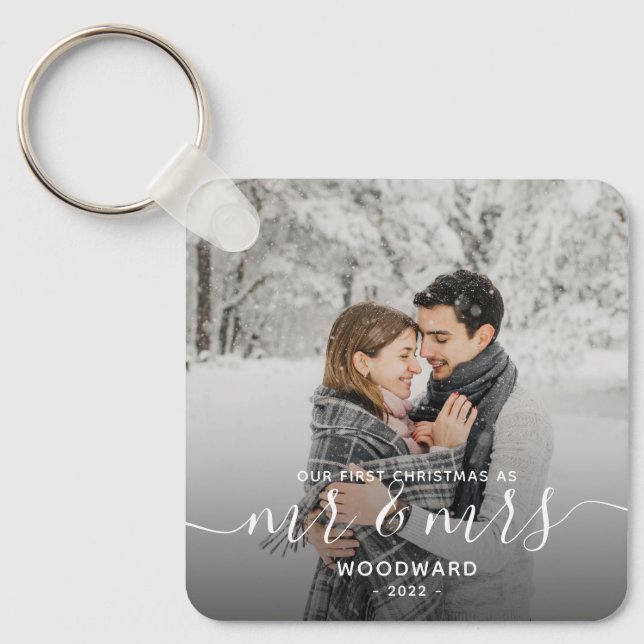 Photo First Christmas Married White Script Keychain (Front)