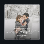 Photo First Christmas Married White Script Magnet<br><div class="desc">Commemorate the first Christmas of your marriage with this keepsake magnet. The white text reads "Our first Christmas as Mr & Mrs, " with the words "Mr & Mrs" in elegant handwriting script with flourishes before and after. Replace the sample image with your favourite photo, and add your last name...</div>