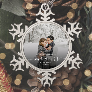 Photo First Christmas Married White Script Snowflake Pewter Christmas Ornament