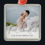 Photo First Christmas Mr Mrs Name Year Metal Ornament<br><div class="desc">Photo Overlay First Christmas As Mr And Mrs Name Year. To celebrate your first holiday as a married couple, easily personalize your names and year. With a stylish set script for First Christmas. Choose your favourite photo to replace the sample picture. Changes to colours of text can be made to...</div>