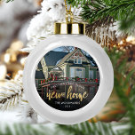 Photo First Christmas New Home Gold Script Ceramic Ball Christmas Ornament<br><div class="desc">Commemorate your first Christmas in your new home with this beautiful modern keepsake ornament. The text reads "First Christmas in our new home, " with the words "new home" in elegant gold faux foil script. Replace the sample image with a photo of your new house and add your family's last...</div>