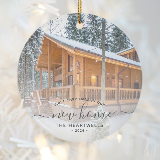 Photo First Christmas New Home Grey Script 2024 Ceramic Ornament (Creator Uploaded)