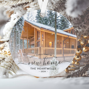 Photo First Christmas New Home Grey Script 2024 Ornament