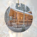 Photo First Christmas New Home White Script 2024 Ceramic Ornament<br><div class="desc">Commemorate your first Christmas in your new home with this beautiful modern keepsake ornament. The white text reads "First Christmas in our new home, " with the words "new home" in elegant handwriting script with flourishes before and after. Replace the sample image with a photo of your new house and...</div>